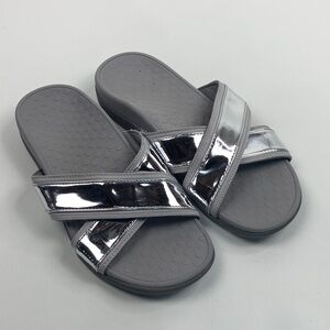 Vionic Metallic Silver & Gray Cross Strap Slide Sandals Size 8 Cushioned